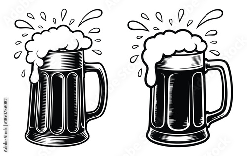 Overflowing beer mugs with frothy foam splashes, Vintage-style beer steins or mugs overflowing with frothy foam, Foamy head of beer overflowing from the top of the mugs