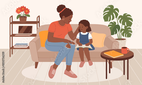 A warm scene of a mother and daughter sharing a moment while reading together on a sofa, encapsulating the essence of family bonding, love, and education in a cozy atmosphere.