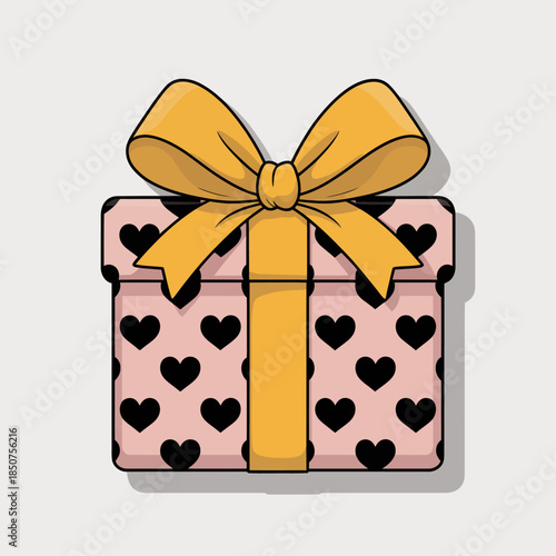 A beautifully wrapped gift box adorned with a yellow ribbon and hearts, perfect for special occasions like birthdays or anniversaries, adding a touch of joy.