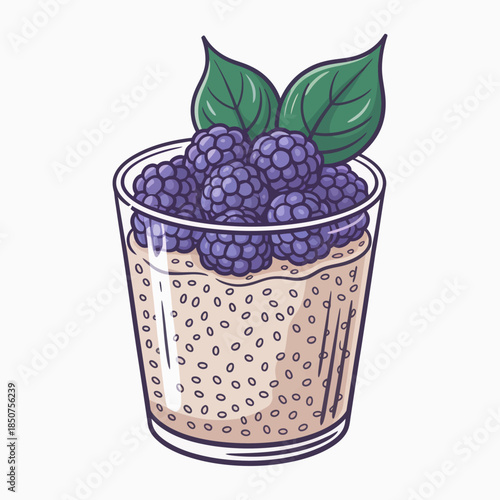 A glass of nutritious chia pudding topped with vibrant blueberries and mint, representing a healthy, delicious, and visually appealing dessert option.