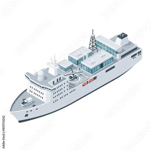 Modern Ferry Boat with Helicopter Pad and Antennas.