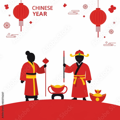 Chinese New Year Celebration with Traditional Costumes and Festive Decorations