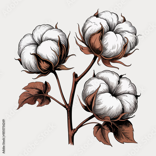 A beautiful illustration of a cotton plant showcasing fluffy white cotton bolls on a branch, emphasizing the elegance of natural fibers and their agricultural importance.