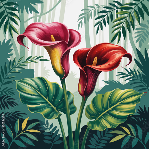 A striking image of red and pink calla lilies surrounded by lush greenery highlights the beauty of flora, signifying the eternal connection between nature and human emotions.