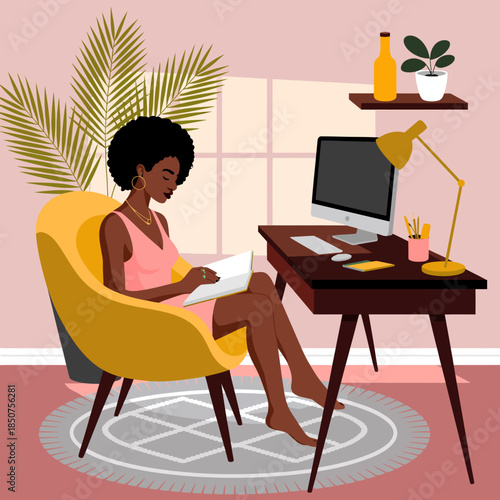 An inviting scene of a woman relaxing in a stylish yellow chair, reading a book in a beautifully decorated interior, capturing moments of peace and personal reflection at home.