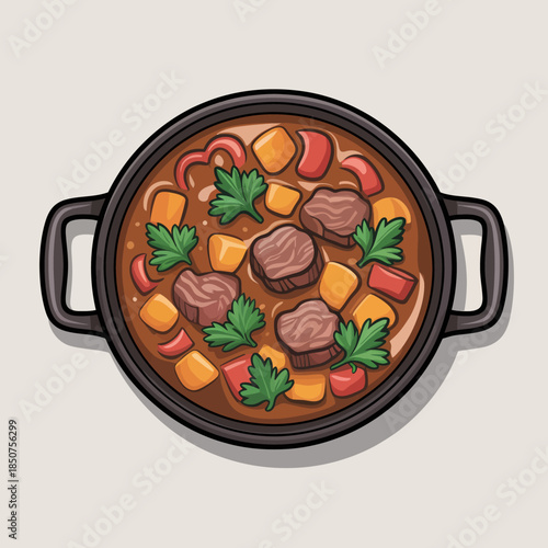 A warm and inviting bowl of beef stew filled with tender meat, colorful vegetables, and garnished with fresh herbs, perfect for comforting meals and culinary delights.