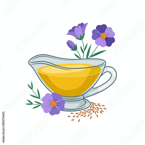 An elegant glass gravy boat filled with a rich yellow sauce is adorned with delicate purple flowers, creating a lovely presentation for any dining table.