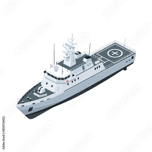 Modern Military Patrol Ship with Helicopter Pad and Cannons.