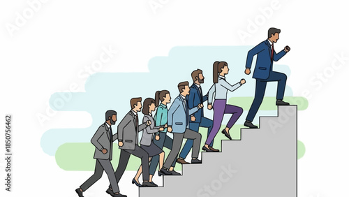 Team climbing stairs together towards success and leadership.