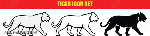 Tiger icon set with black and white illustrations of walking tigers