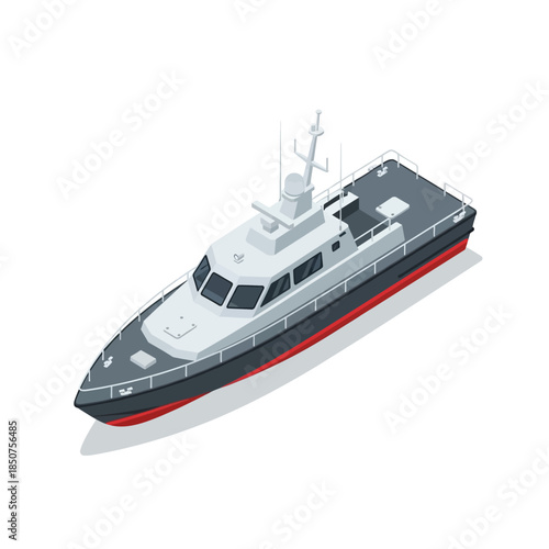 Modern Motor Yacht with Sleek Design and Red Hull.