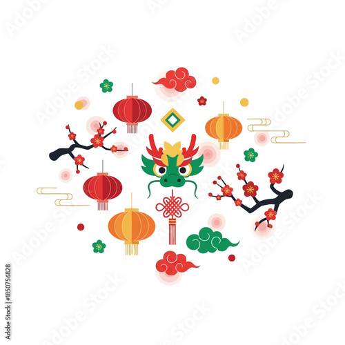 Festive Asian Cultural Celebration Elements Illustration with Dragon Head, Lanterns, and Cherry Blossoms for Lunar New Year Design