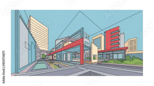 Modern urban landscape with sleek buildings and vibrant red architectural feature