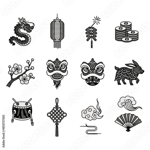 A curated collection of traditional Chinese cultural and festive celebration icons, featuring symbolic elements like dragons, lanterns, and lion dance motifs in a sleek design