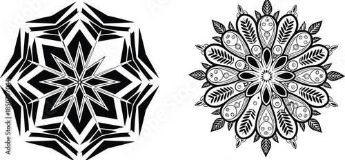 Black and white abstract mandala floral geometric ornament vector design isolated on white 