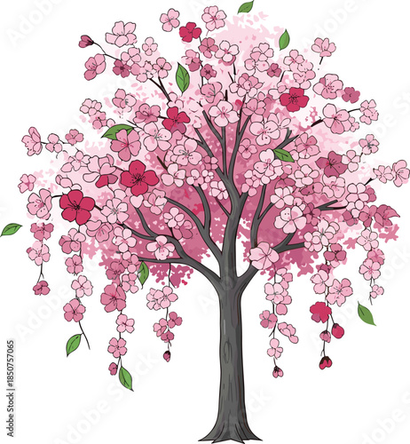 Beautiful cherry blossom tree illustration with pink flowers isolated on white background, spring nature concept