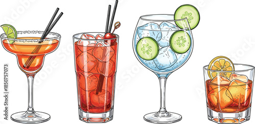 Colorful cocktail drinks in different glasses with ice and citrus garnish, isolated white background