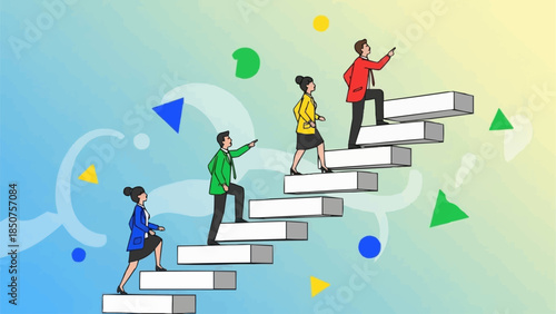 Diverse group of people climbing stairs symbolizing career growth and success.