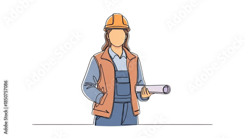 Female construction worker standing with rolled-up plans in a professional setting