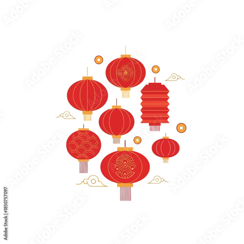 Vibrant Red Chinese Lanterns and Auspicious Clouds Celebrate Lunar New Year Festivities