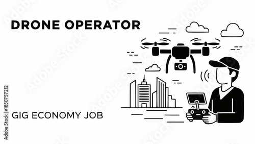 Drone Operator Gig Economy Job with Remote Control and Cityscape.