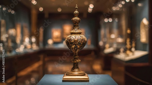 Ornate, antique vessel with intricate design, displayed on a table within a dimly lit museum exhibit, with other artifacts in the blurred background