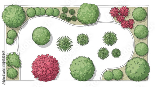 Aerial view of a garden landscape design featuring various plants and shrubs