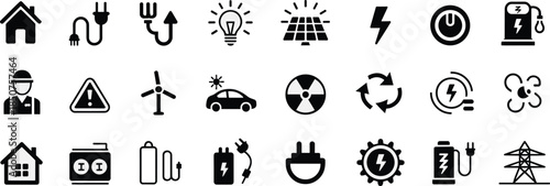 Electric power and renewable energy icons collection, solar wind battery charging symbols for modern electricity technology design