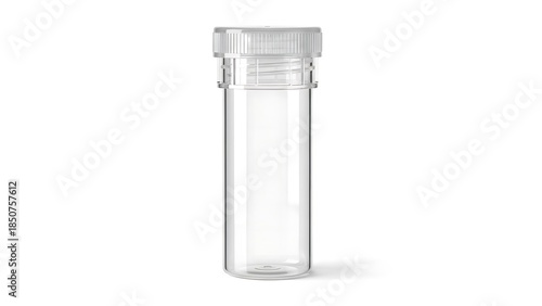 A clear plastic container standing upright on a white surface viewed from the front