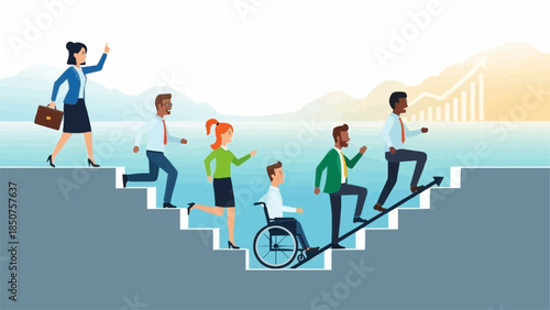 Diverse group of people climbing stairs symbolizing success and inclusion.