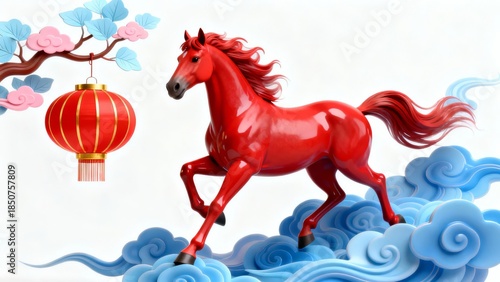 A vibrant red horse gallops gracefully among blue clouds accompanied by a traditional red lantern and blossoming cherry branches.