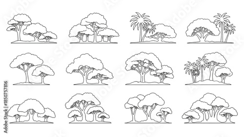 A collection of trees and plants illustrated in various styles and arrangements