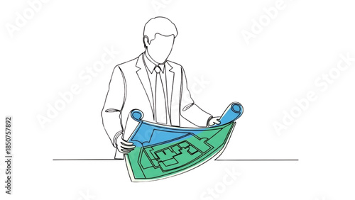 A businessman examining a large green and blue map on a table from a close-up viewpoint