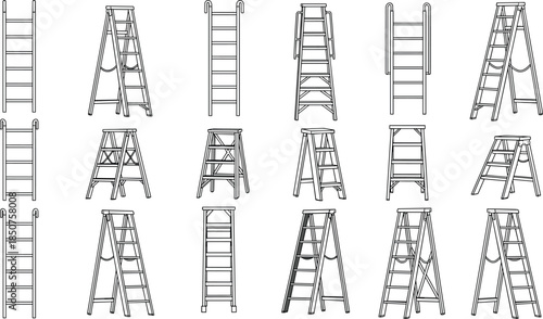 Ladder line art collection showing step ladders and extension ladders isolated on white background, construction equipment vector illustration set