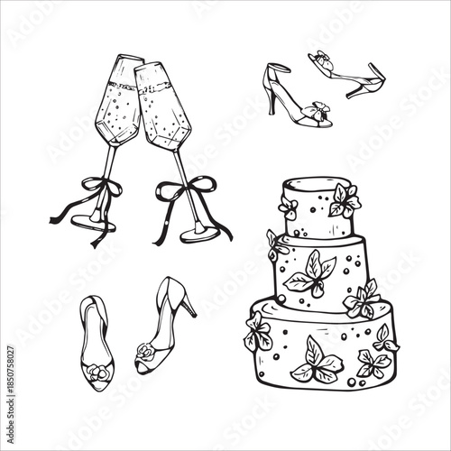 Romantic set with champagne glass, cake and bridesmaids shoes