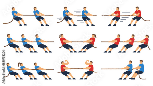 Tug-of-War: A graphic illustration of diverse individuals participating in a competitive tug-of-war, symbolizing strength, struggle, and teamwork.