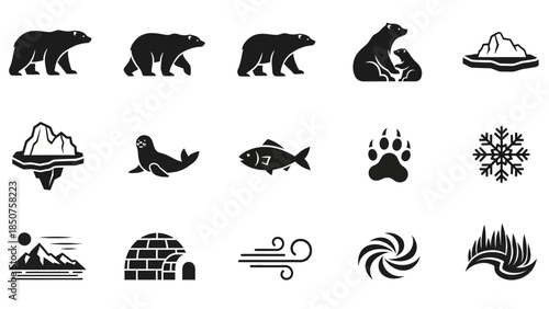 Arctic Animals and Symbols Icons: A comprehensive set of black and white icons representing arctic animals and symbols. Featuring polar bear, ice, seal, fish, paw print, snowflake, mountain, igloo.
