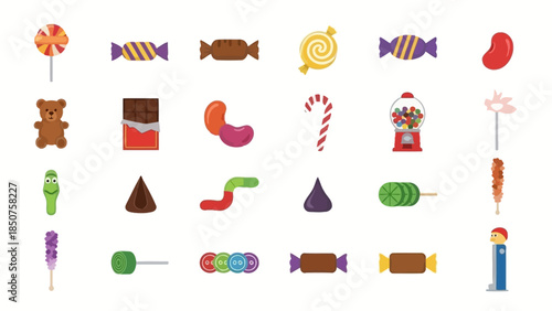 Sweet Symphony: A vibrant collection of assorted candies, each a miniature masterpiece, temptingly displayed against a stark background, inviting a journey into a world of flavors and joy.