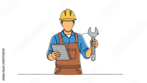 A construction worker holding a tablet and wrench standing in a industrial environment
