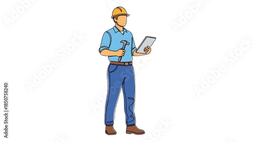 A man in a hard hat holding a tablet and stylus, standing in a workplace environment.