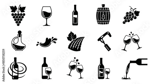 Elegant Wine Icons: A collection of meticulously crafted wine-themed icons, featuring a variety of elements related to the world of winemaking, perfect for design projects and branding. 
