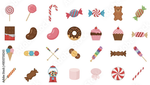 Sweet Treats Assortment: A delightful array of candies and sweets, featuring colorful lollipops, caramels, chocolates, and various other delicious treats.