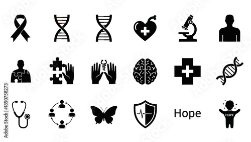Medical Hope Symbols: A collection of health and hope symbols, including a ribbon, DNA strands, a heart with a plus sign, microscope, person, puzzle pieces, hands, brain, plus sign, stethoscope.