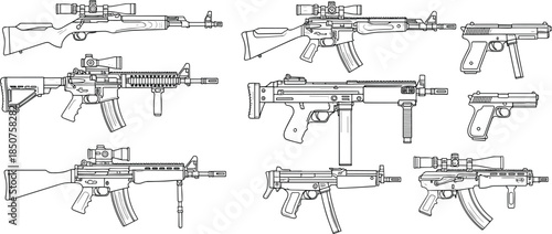 Hand Drawn Sketch Vector Set of Tactical Weapons Featuring Assault Rifles, Sniper Rifles with Scopes, Submachine Guns, and Handguns for Military Concept,