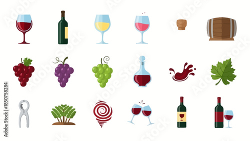 Wine Collection: A comprehensive collection of wine-related elements, showcasing glasses, bottles, grapes, leaves, and a barrel.