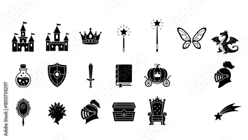 Fairytale Elements Icons: A collection of meticulously crafted silhouette icons, depicting iconic elements of the fairytale world, from castles and crowns to magic wands and whimsical creatures.