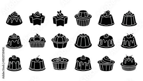 Dessert Delights Silhouettes: A collection of various elegant desserts, perfect for culinary projects or design endeavors, this image showcases a range of sweet treats in striking silhouette form.