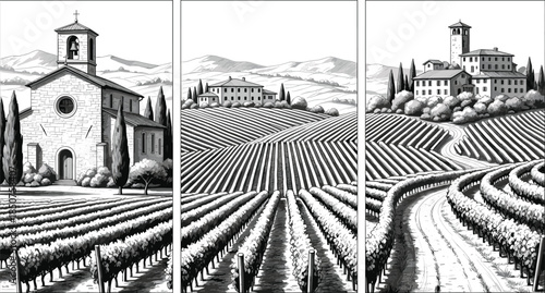 Hand Drawn Sketch Vector Set of Vineyard Landscapes Featuring Mediterranean Architecture, Rolling Hills, Grapes, and Rural Italian Countryside Scenes for Wine Label Design
