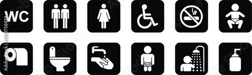 Public restroom and bathroom icons set, toilet hygiene accessibility symbols for WC signage wayfinding and facility design