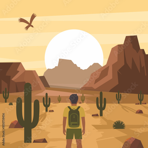 A solitary traveler gazes upon a vast desert landscape with cacti, mountains, and a sunset, embodying adventure, solitude, and the beauty of nature's wilderness.